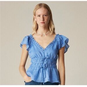 J Crew Striped Blue Ruffle Sleeve Women’s Top